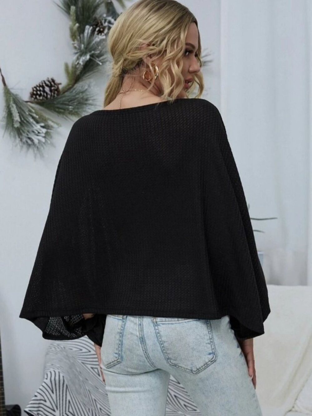 SHEIN ✦ Long Sleeve Top ✦ Black Waffle Knit Off‑Shoulder Batwing Sleeves XS NWT - Picture 2 of 13